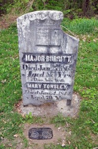 Inscription reads: Major Burritt, Died Jan. 27, 1863 Aged 87 Y'rs. Also his Wife Mary Towsley, Died Jan. 2, 1844 Aged 70 Y'rs. Photo courtesy Jim Patterson.