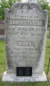 Samuel Taylor tombstone at Shannonville Riverview Cemetery, Shannonville ON with plaque.