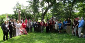 Attendees included in photo - MPP Paul Miller, Councillor Doug Conley, Hamilton Branch UEL, Col. Butler Niagara Branch UEL, Sgt. at Arms Ted Jabonski and members of the Royal Canadian Legion Battlefield Branch 622, Gigi McAndrews and fellow re-enactors of the 2nd Lincoln Militia, and descendants of Levi Green.