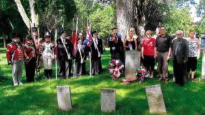 Attendees in the photo include Gigi McAndrews and fellow 2nd Lincoln Militia re-enactors,  Sgt. At Arms Ted Jabonski and members of the Royal Canadian Legion Battlefield Branch 622, MPP Paul Miller,  Councillor Doug Conley, and descendants of Private Richard London