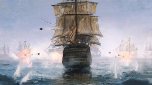 Painting of HMS Victory Charging Enemy : artist Joseph Feely